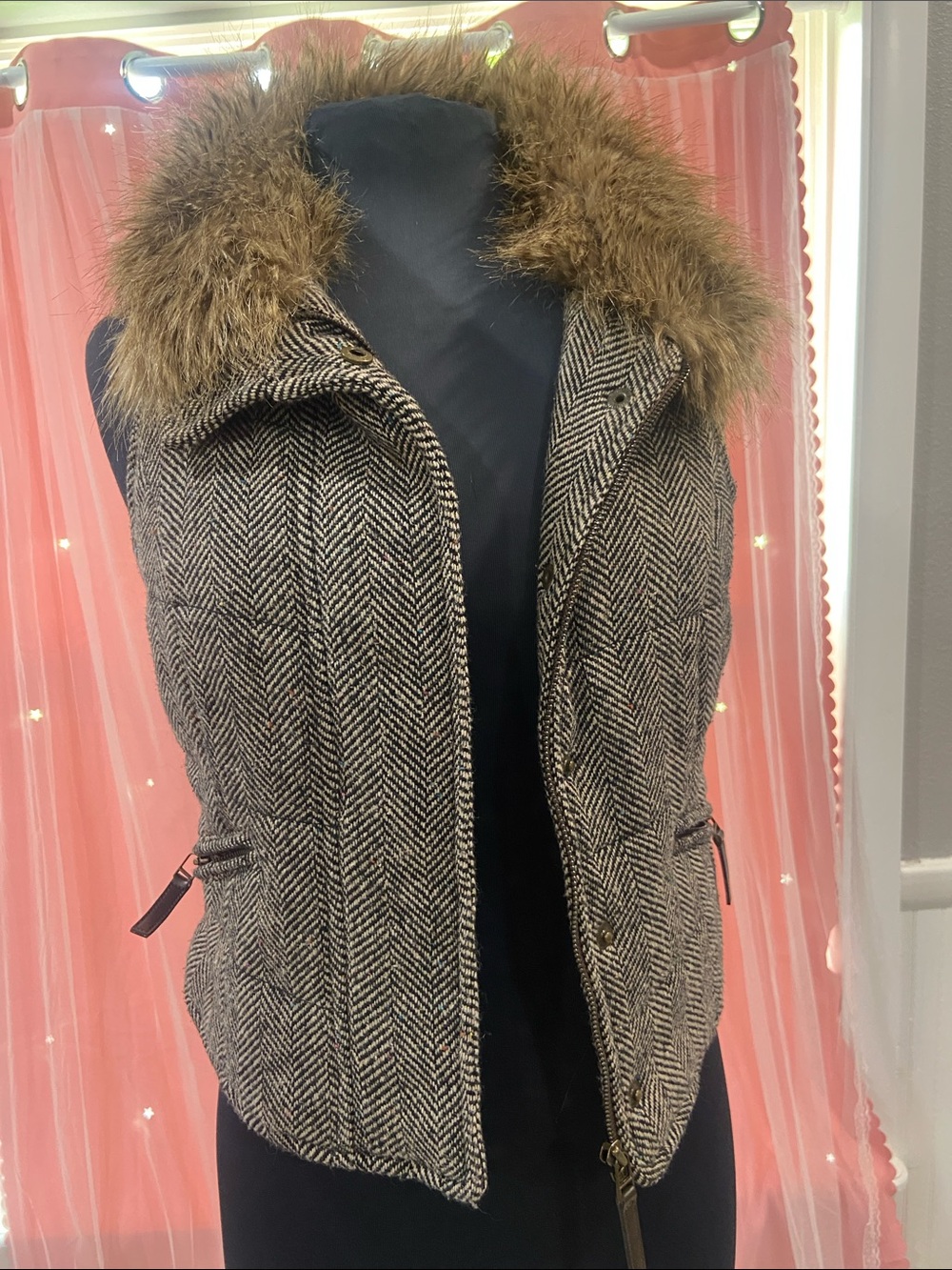 The Limited Brown & Black Herringbone Vest with Faux-Fur Collar size S